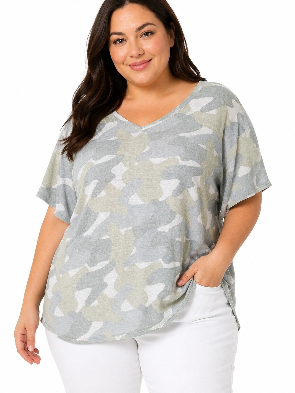 Tahari 100% Linen Camo V-Neck Top 3X Sage Green Oversized Lightweight chic vacay